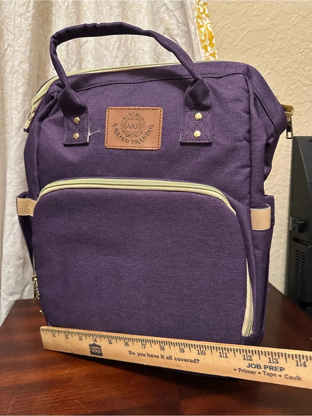 Purple Canvas Multi purpose Baby diaper Bag Backpack with Beige Trim